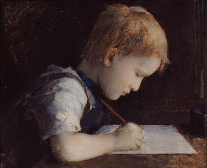 让-雅克·亨纳 (Jean-Jacques Henner，法国画家)高清油画作品-《小作家（1869）》