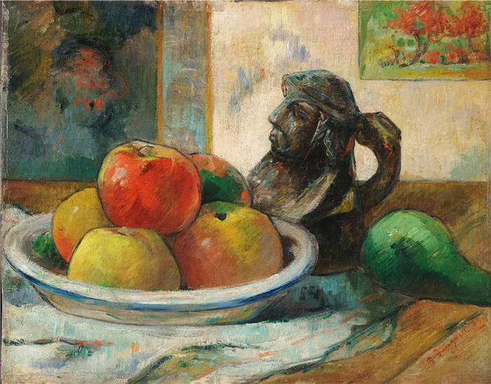 保罗·高更（Paul Gauguin，法国画家）高清作品-《有苹果、梨和陶瓷肖像壶的静物（1889 年）》