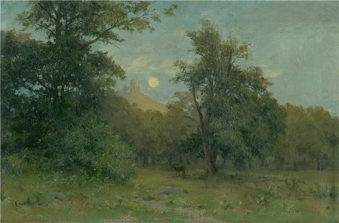 ĽudovítČordák（匈牙利画家）高清作品-《Slanec 城堡的月光景观（1896 年）》
