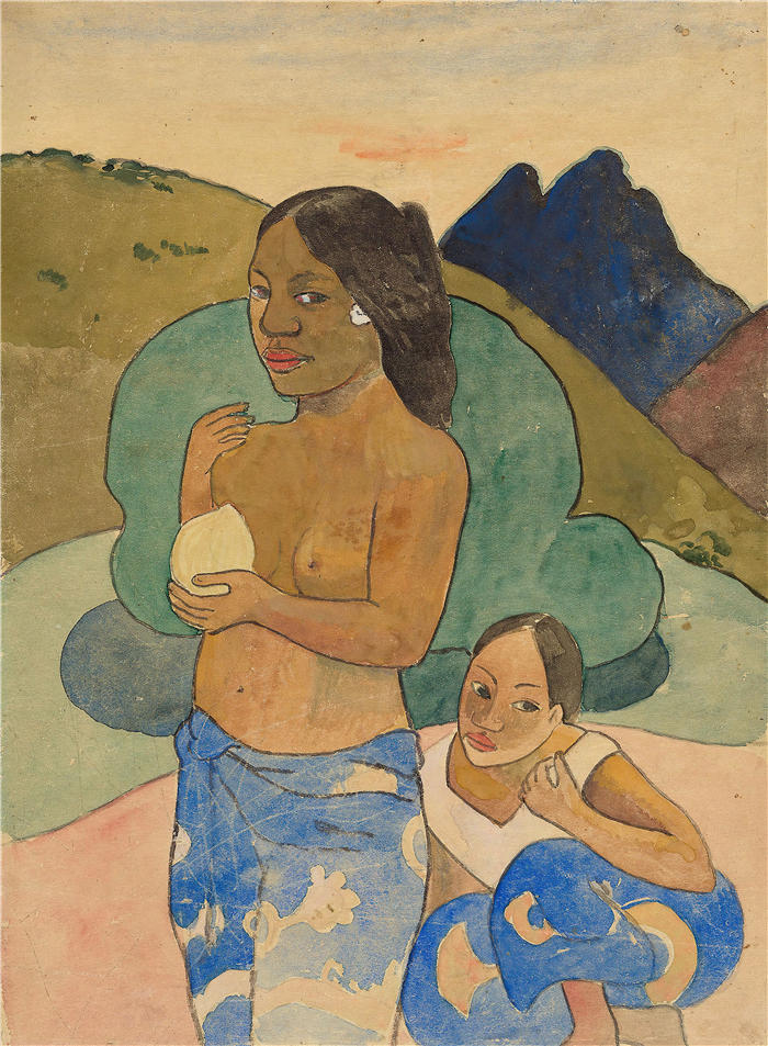 保罗·高更(Paul Gauguin,法国画家)高清作品-《景中的两个大溪地妇女(1887-1897)》