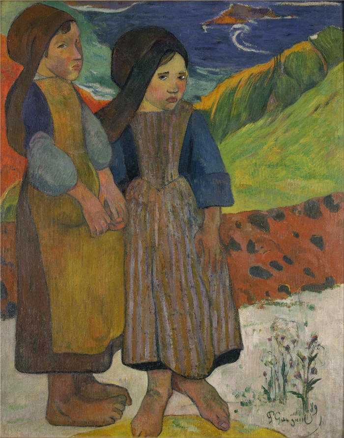 保罗·高更（Paul Gauguin，法国画家）高清作品-《海边的两个布列塔尼女孩》