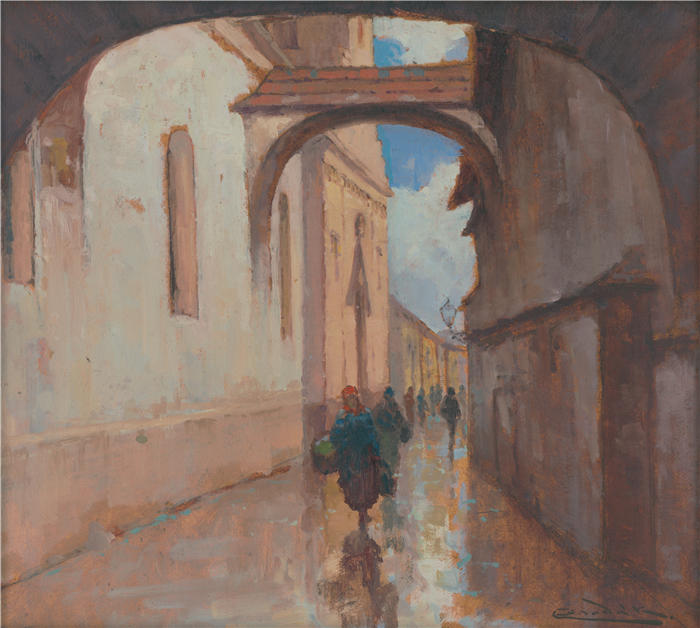 ĽudovítČordák（匈牙利画家）高清作品-《科希策的 Hrčiarska 街（1910-1915 年）》