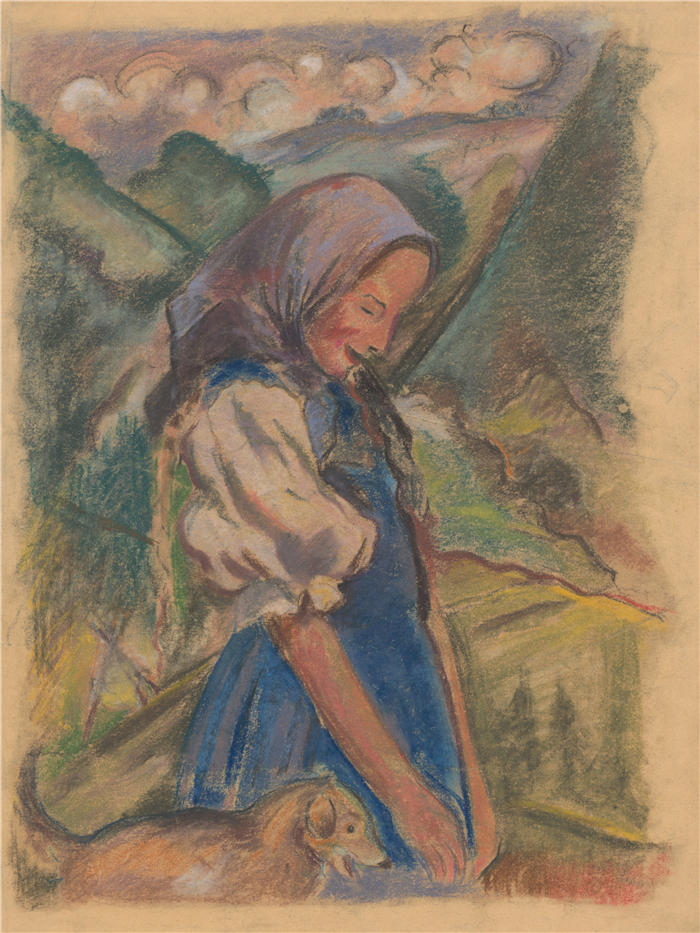 阿诺德·彼得·魏斯-库宾赞（Arnold Peter Weisz-Kubínčan，斯洛伐克画家）高清作品-《风景中养狗的女孩（1930-1935）》