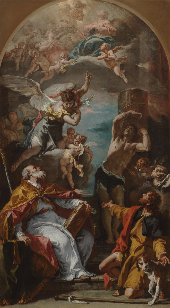 塞巴斯蒂亚诺·里奇（Sebastiano Ricci，意大利画家）高清作品-《圣母的荣耀与大天使加百列和圣尤西比乌斯、罗赫和塞巴斯蒂安（约 1724-1725 年）》