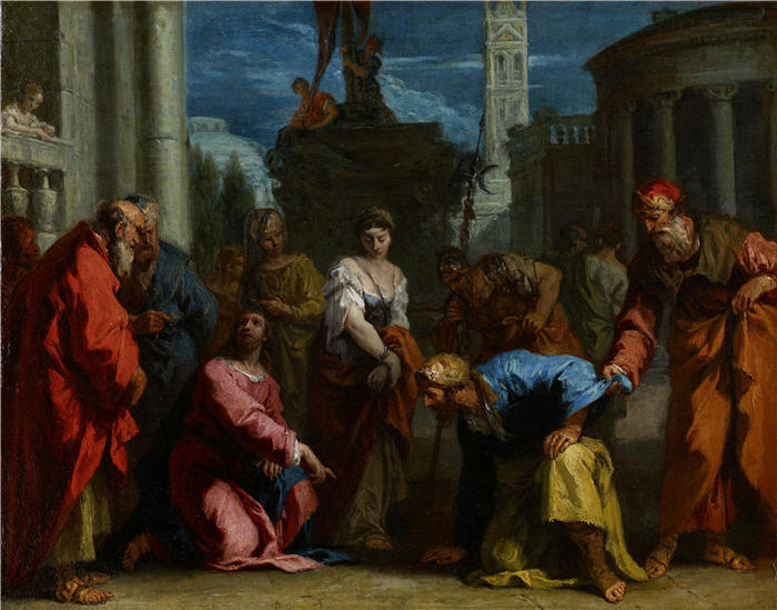 塞巴斯蒂亚诺·里奇（Sebastiano Ricci，意大利画家）高清作品-《基督与通奸的女人（1720 年代）》