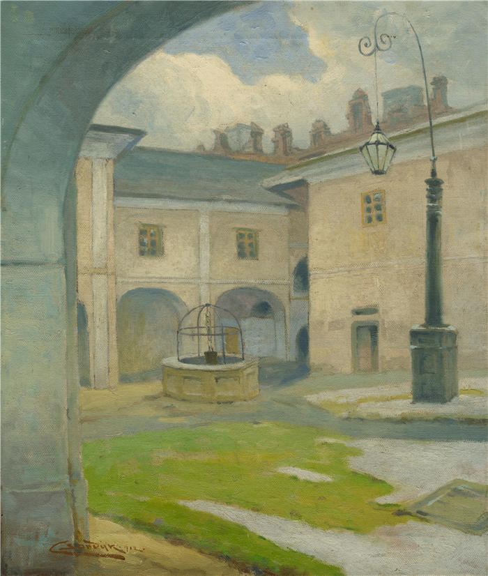 ĽudovítČordák（匈牙利画家）高清作品-《斯特拉日基文艺复兴时期庄园的庭院（1912 年）》