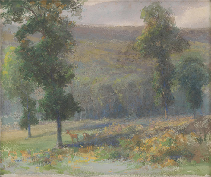 ĽudovítČordák（匈牙利画家）高清作品-《有鹿的小树林（1905 年）》
