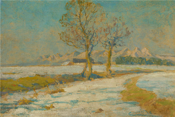 ĽudovítČordák（匈牙利画家）高清作品-《塔特拉山下的冬季景观（1908-1910）》