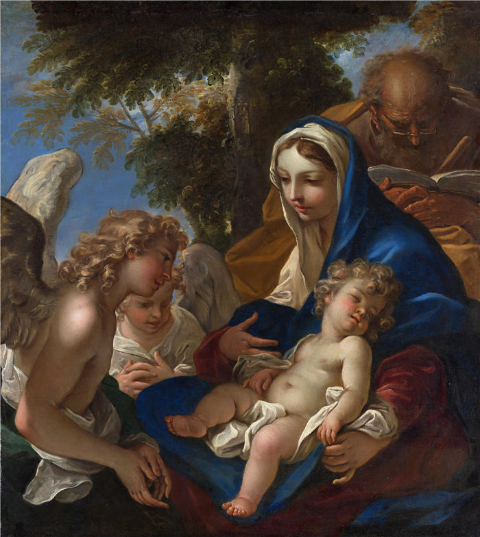 塞巴斯蒂亚诺·里奇（Sebastiano Ricci，意大利画家）高清作品-《圣家族与天使（约 1700 年）》