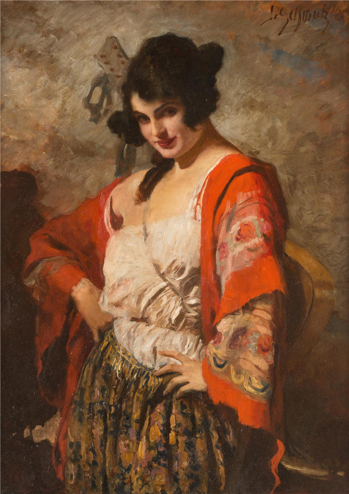 利奥波德·施穆茨勒(Leopold Schmutzler,德国画家)高清油画作品-《与吉他的西班牙美女》