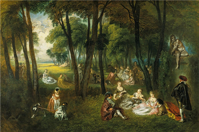 让-安托万·华托（Jean-Antoine Watteau，法国画家）高清作品-《树木繁茂的景观中的 Fête galante（约 1719 - 1721 年）》