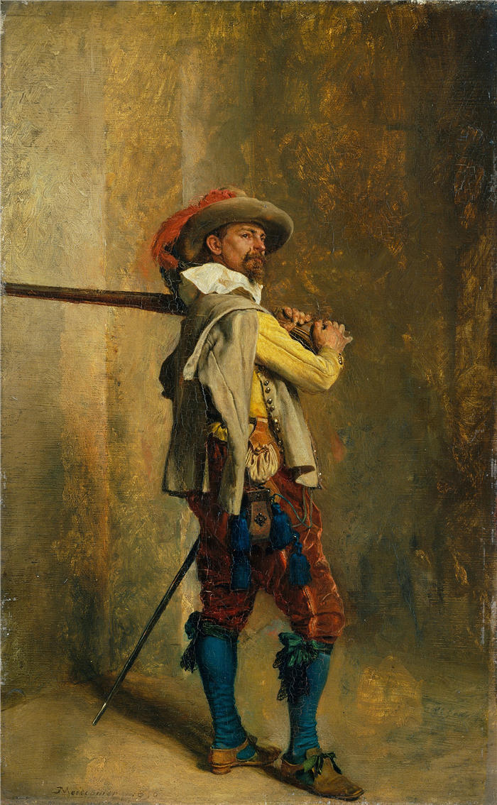 欧内斯特·梅索尼埃（Ernest Meissonier，法国画家）高清作品-《火枪手；路易十三时代 (1856)》