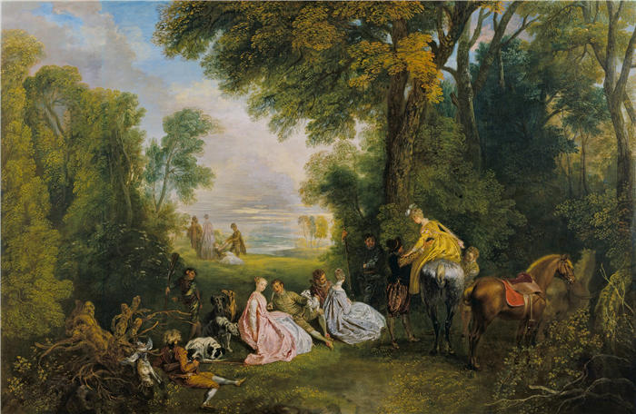 让-安托万·华托(Jean-Antoine Watteau,法国画家)高清作品-《狩猎约会(约1717-1718年)》