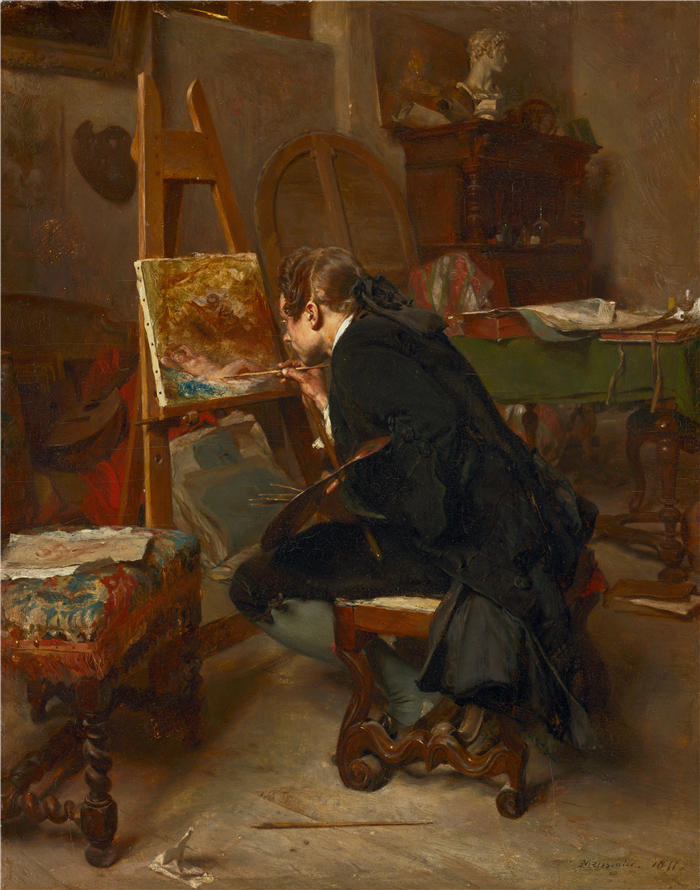 欧内斯特·梅索尼埃(Ernest Meissonier,法国画家)高清作品-《画家(1855)》