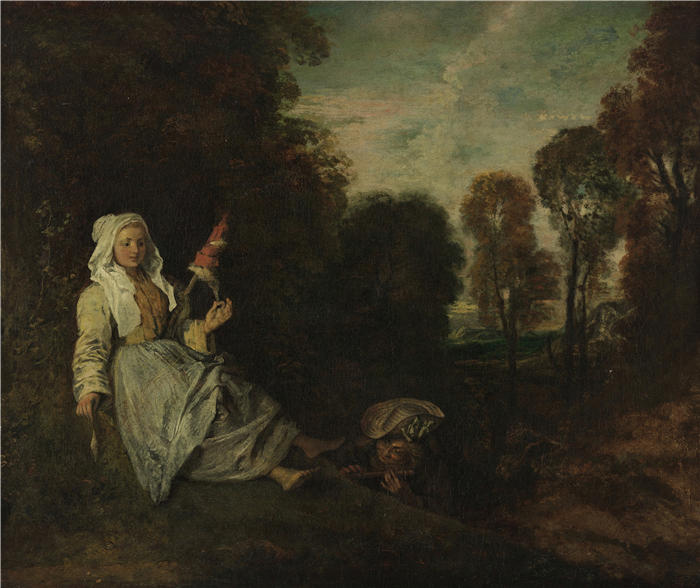 让-安托万·华托(Jean-Antoine Watteau,法国画家)高清作品-《带微调器的晚景(1713-1717)》