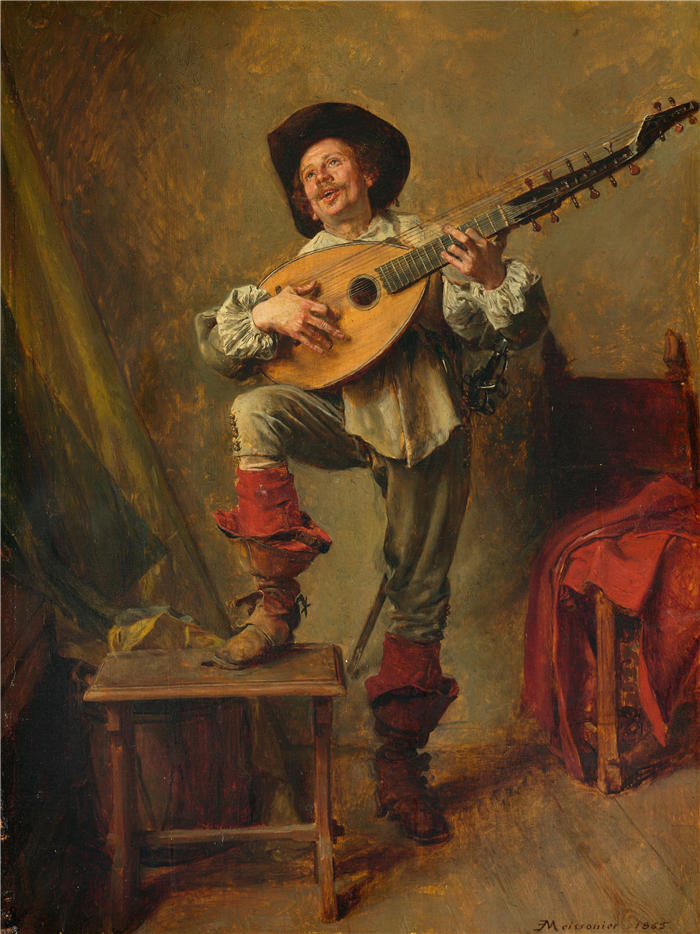 欧内斯特·梅索尼埃（Ernest Meissonier，法国画家）高清作品-《士兵演奏 Theorbo（1865 年）》