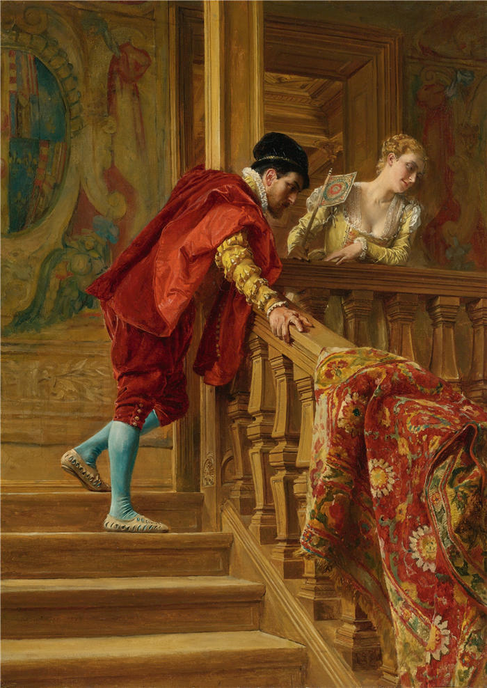 欧内斯特·梅索尼埃(Ernest Meissonier,法国画家)高清作品-《Sur L'escalier (威尼斯人) (1879)》
