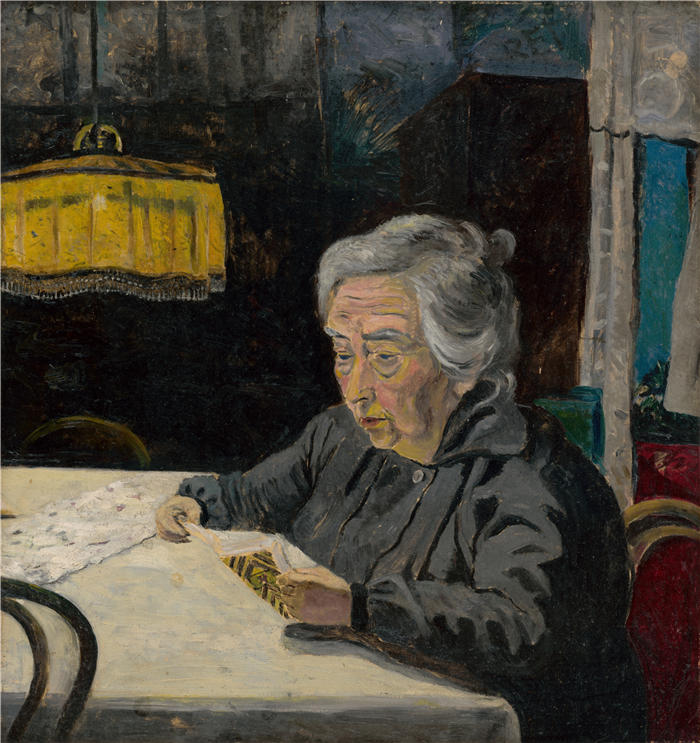 阿诺德·彼得·魏斯-库宾赞（Arnold Peter Weisz-Kubínčan，斯洛伐克画家）高清作品-《阅读老妇人 (1925)》