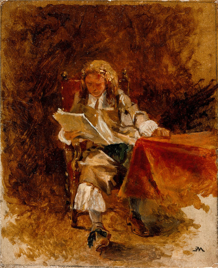 欧内斯特·梅索尼埃(Ernest Meissonier,法国画家)高清作品-《坐着的骑士阅读研究(1870 年)》
