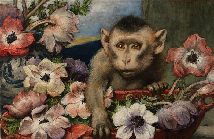 加布里埃尔·冯·麦克斯（Gabriel von Max，奥地利画家）高清作品-《生日花（带海葵的猴子）（1890）》