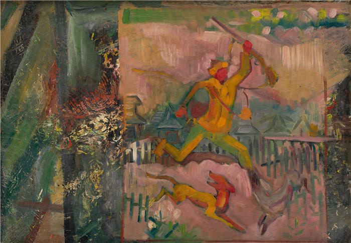阿诺德·彼得·魏斯-库宾赞（Arnold Peter Weisz-Kubínčan，斯洛伐克画家）高清作品-《用步枪奔跑的猎人（1935）》