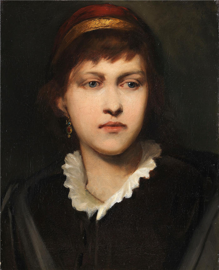 加布里埃尔·冯·麦克斯（Gabriel von Max，奥地利画家）高清作品-《戴着头巾和耳环的女孩肖像（1875年）》