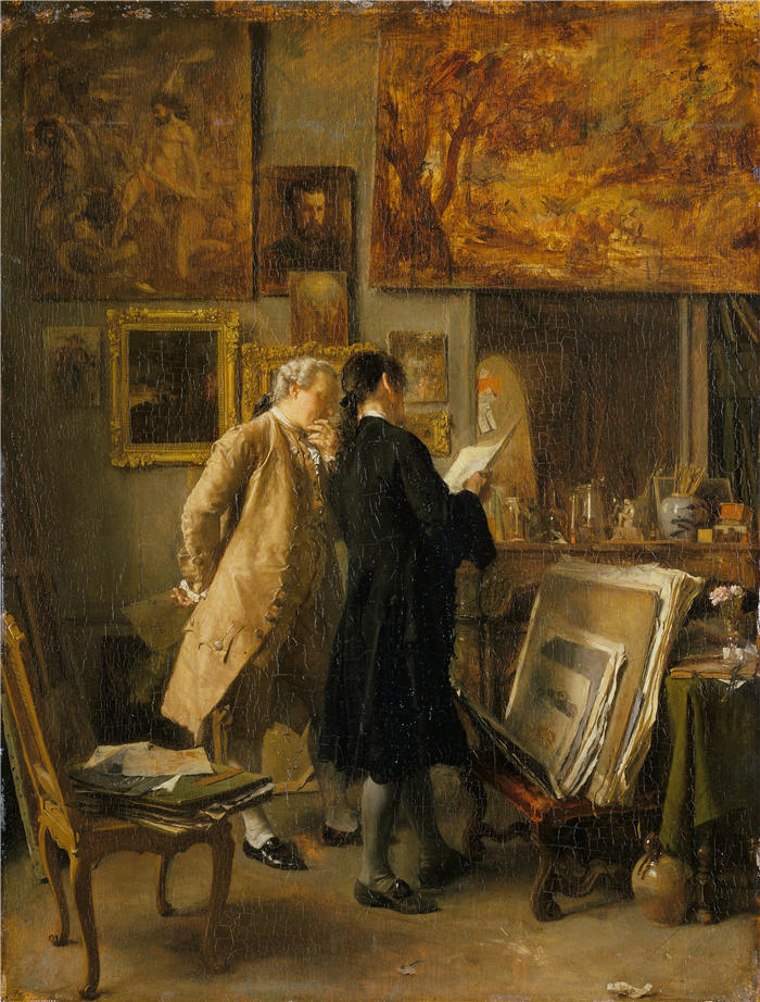欧内斯特·梅索尼埃（Ernest Meissonier，法国画家）高清作品-《一位艺术家展示他的作品（19 世纪）》