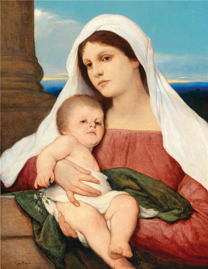 加布里埃尔·冯·麦克斯（Gabriel von Max，奥地利画家）高清作品-《麦当娜和孩子在开阔的风景中》