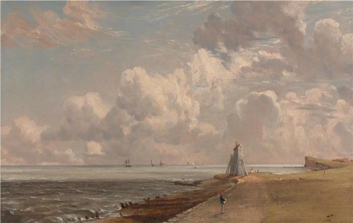 约翰·康斯特布尔(John Constable,英国画家)高清作品-《Harwich-低灯塔和灯塔山(约 1820 年)》