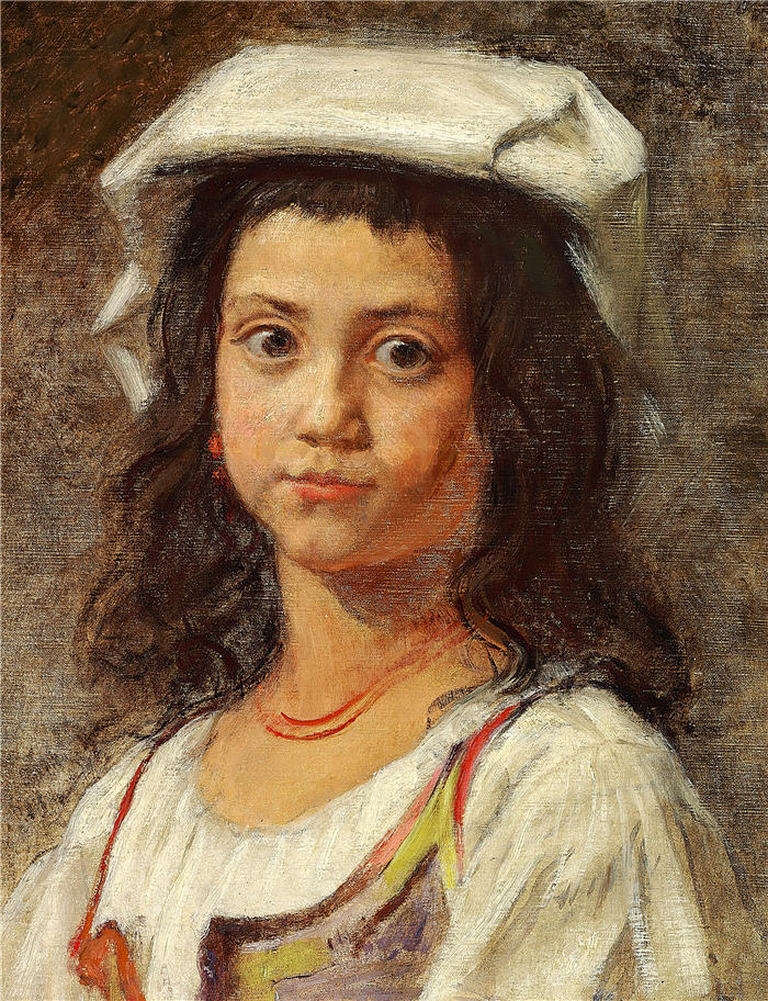 威廉·马斯特兰德（Wilhelm Marstrand，丹麦画家）高清作品-一位戴着白色头饰的意大利年轻女子 