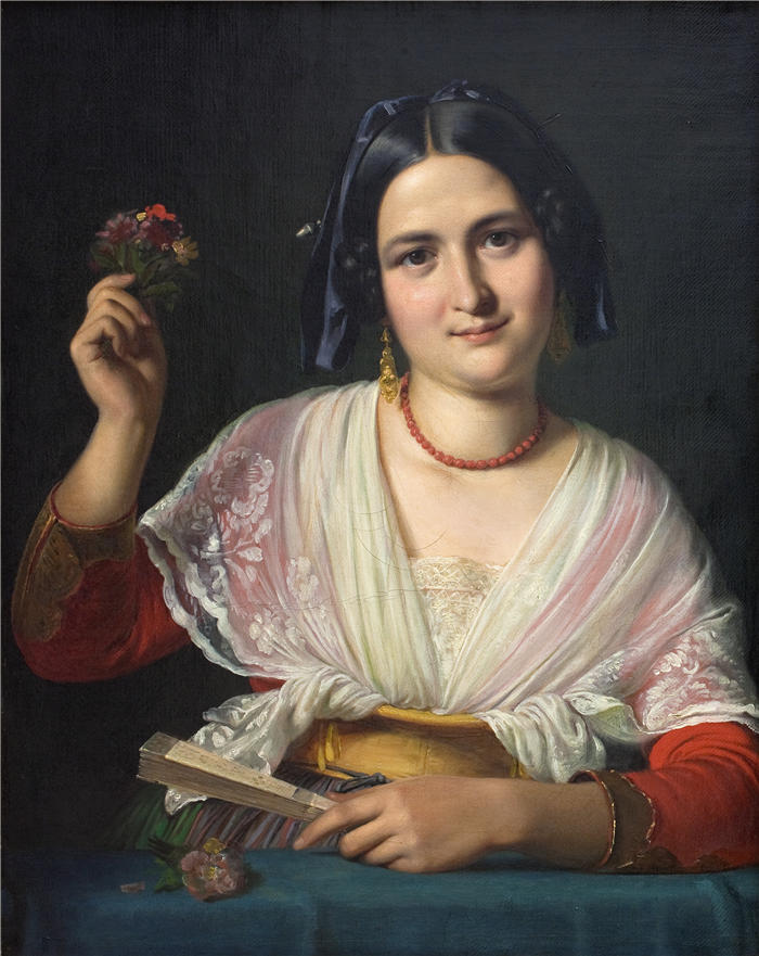 威廉·马斯特兰德（Wilhelm Marstrand，丹麦画家）高清作品-一个穿着化装的罗马女人（1847 年）