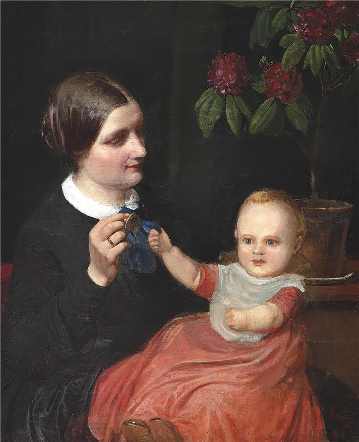 威廉·马斯特兰德（Wilhelm Marstrand，丹麦画家）高清作品-艺术家妻子和儿子波尔的画像