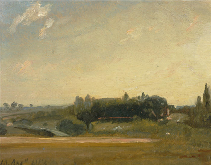 约翰·康斯特布尔(John Constable,英国画家)高清作品-《东伯格霍尔特(East Bergholt)向教区看去(1813 年)》