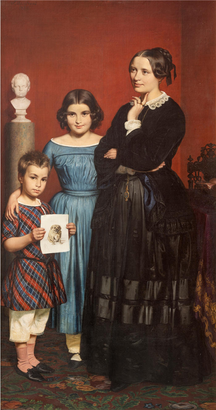 威廉·马斯特兰德（Wilhelm Marstrand，丹麦画家）高清作品-Frederikke Vilhelmine Hage 与孩子们的肖像（1850 年）