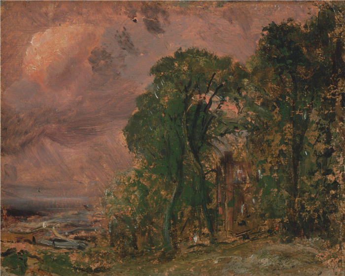 约翰·康斯特布尔（John Constable，英国画家）高清作品-《暴风雨天气的汉普斯特德景观（约 1830 年）》