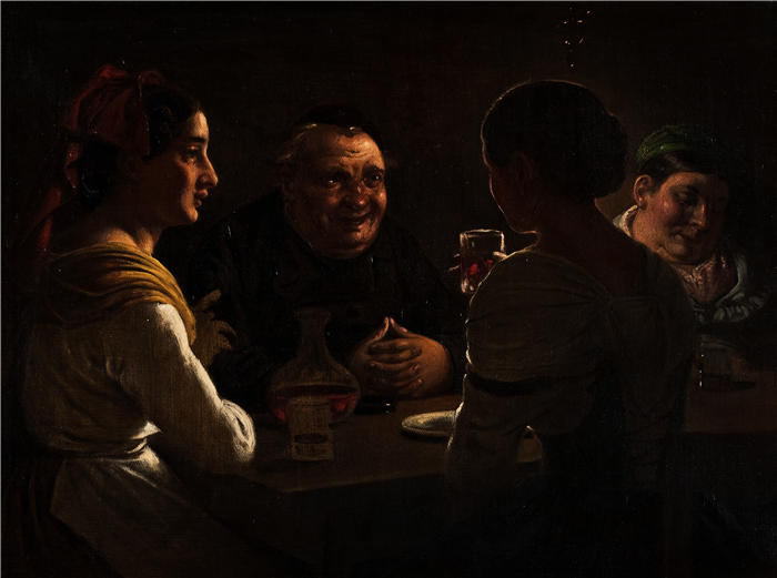 威廉·马斯特兰德（Wilhelm Marstrand，丹麦画家）高清作品-与两个年轻女孩开玩笑（1873 年）