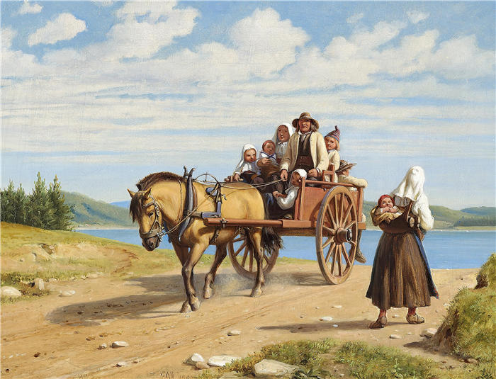 威廉·马斯特兰德（Wilhelm Marstrand，丹麦画家）高清作品-与山谷中的农民一起乘马车进行周日远足（1860年）