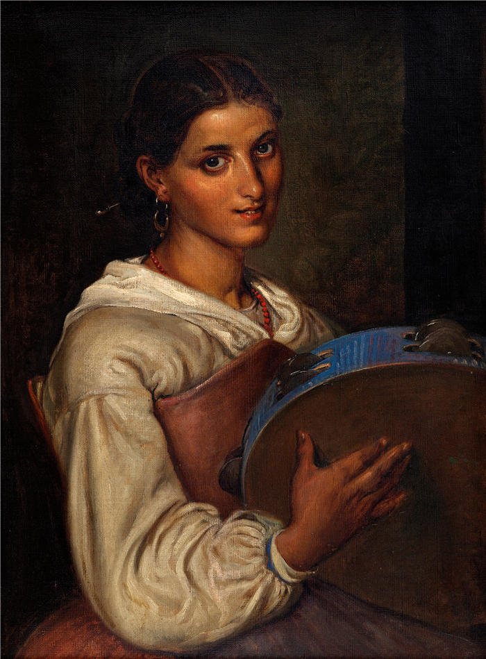 威廉·马斯特兰德（Wilhelm Marstrand，丹麦画家）高清作品-一个蓝色手鼓的意大利女孩