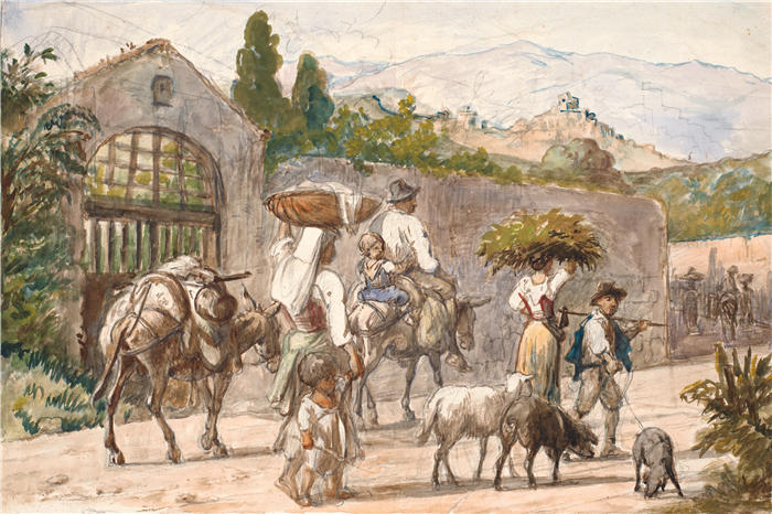 威廉·马斯特兰德（Wilhelm Marstrand，丹麦画家）高清作品-前往罗马的农民（1869） 