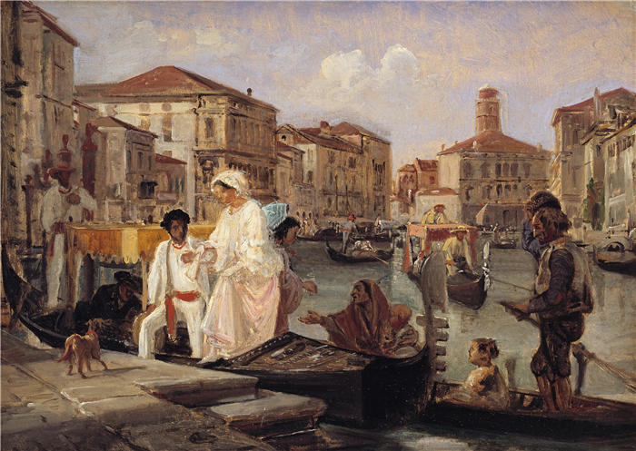 威廉·马斯特兰德（Wilhelm Marstrand，丹麦画家）高清作品-从威尼斯的贡多拉下船（1852 年至 1855 年）