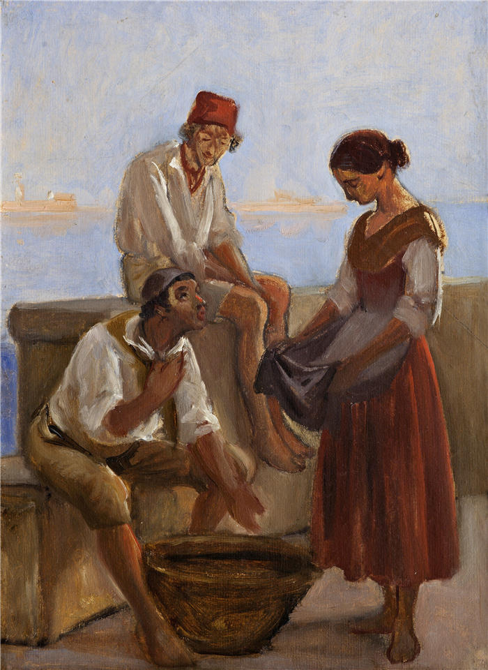 威廉·马斯特兰德(Wilhelm Marstrand,丹麦画家)高清作品-一个年轻女孩和两个渔夫(约 1853 年)