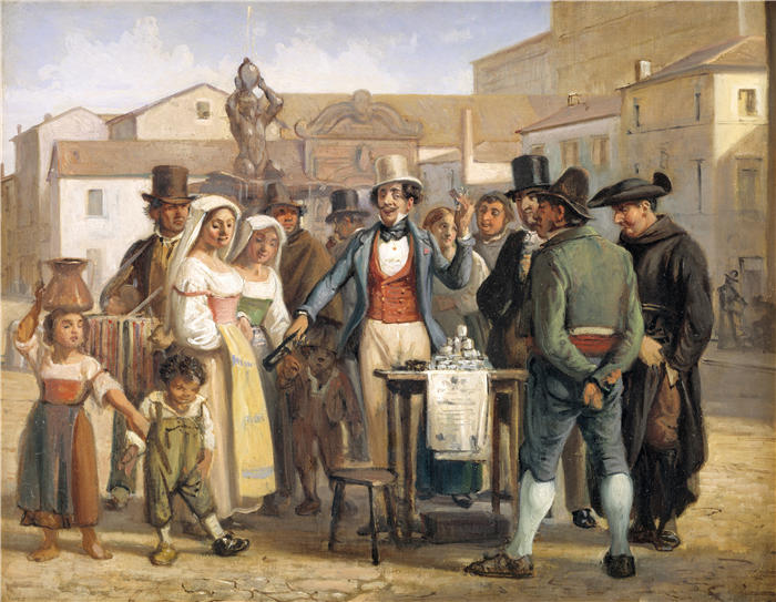 威廉·马斯特兰德（Wilhelm Marstrand，丹麦画家）高清作品-一个在罗马巴贝里尼广场卖黑的骗子（1839 – 1849）