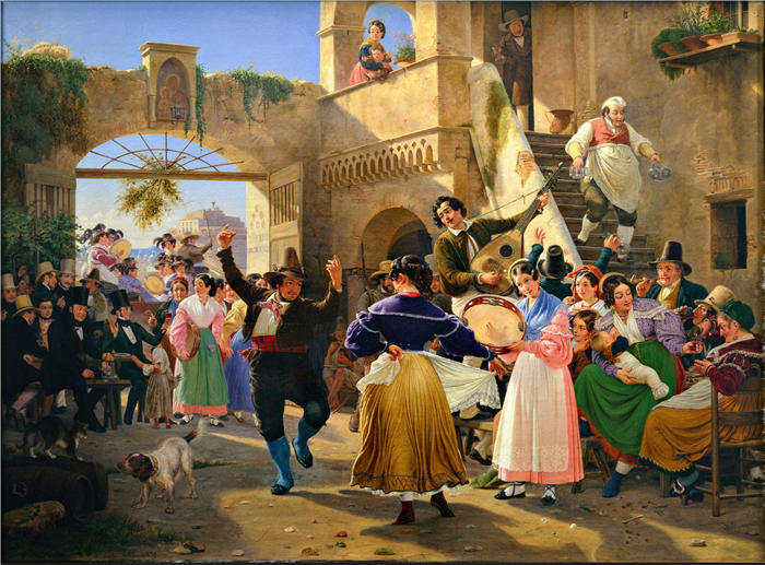 威廉·马斯特兰德（Wilhelm Marstrand，丹麦画家）高清作品-罗马人在 Osteria 欢聚一堂（1839 年）