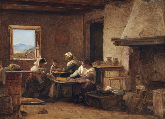 威廉·马斯特兰德（Wilhelm Marstrand，丹麦画家）高清作品-意大利奥莱瓦诺附近农舍厨房里工作的妇女（1845 年至 1848 年）