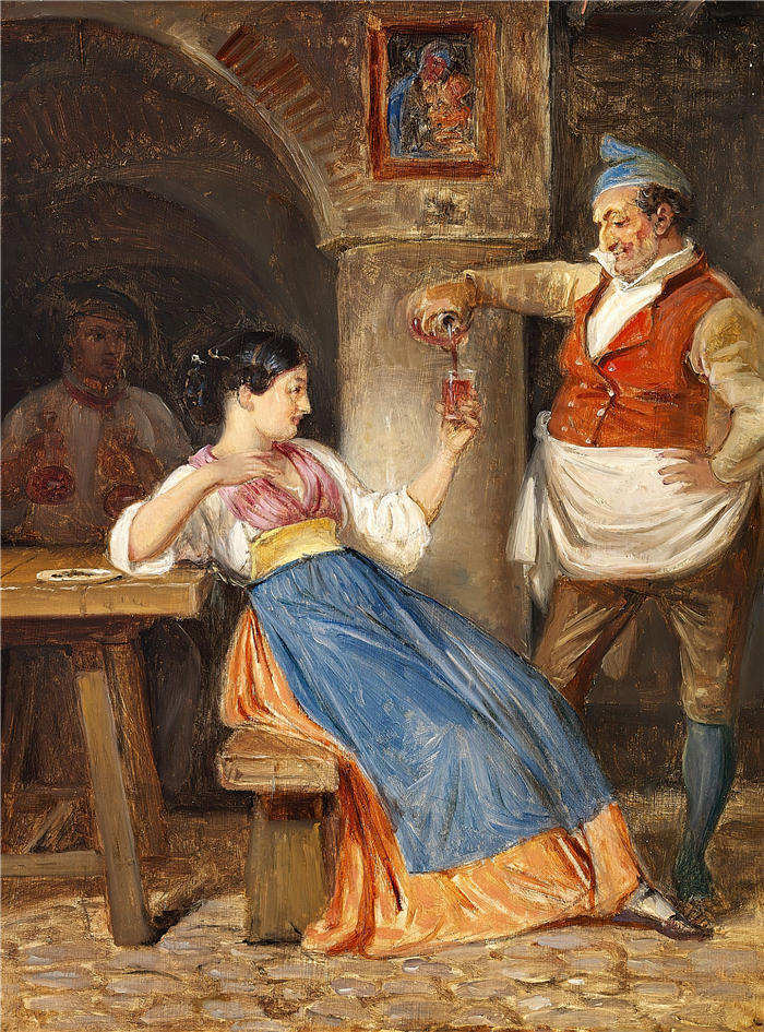 威廉·马斯特兰德（Wilhelm Marstrand，丹麦画家）高清作品-克罗法特为一位年轻的意大利女子倒红酒