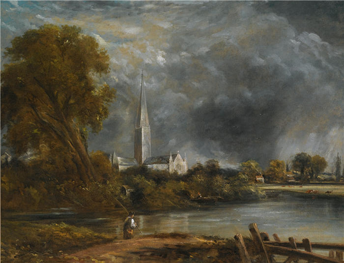 约翰·康斯特布尔（John Constable，英国画家）高清作品-《从草地上看索尔兹伯里大教堂》