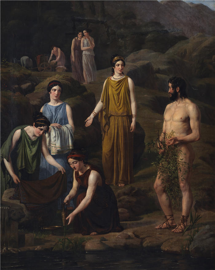 威廉·马斯特兰德（Wilhelm Marstrand，丹麦画家）高清作品-诺西卡带来了沉船的奥德修斯的衣服（1835年） 