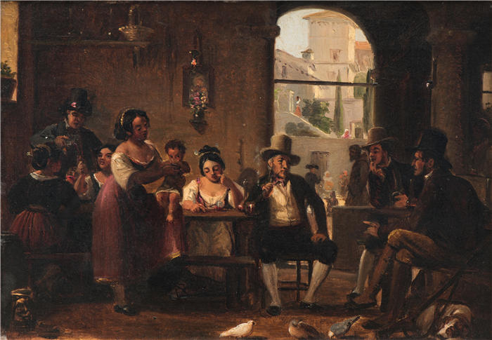 威廉·马斯特兰德（Wilhelm Marstrand，丹麦画家）高清作品-烟斗猎人和意大利妇女