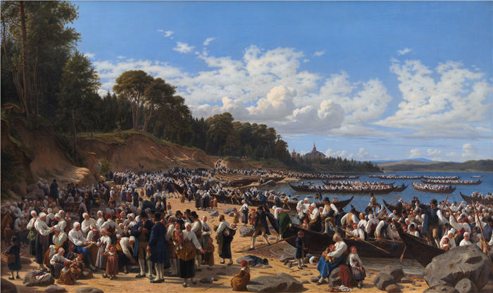 威廉·马斯特兰德（Wilhelm Marstrand，丹麦画家）高清作品-乘船抵达教堂（1853 年）