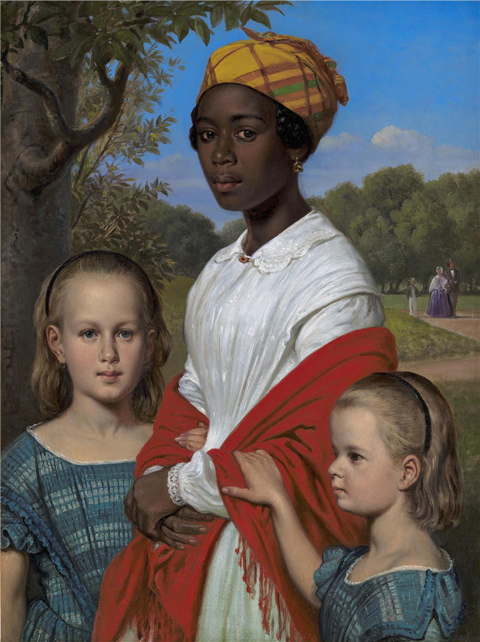 威廉·马斯特兰德（Wilhelm Marstrand，丹麦画家）高清作品-奥托·马斯特兰德的两个女儿和他们的保姆的肖像（1857 年）